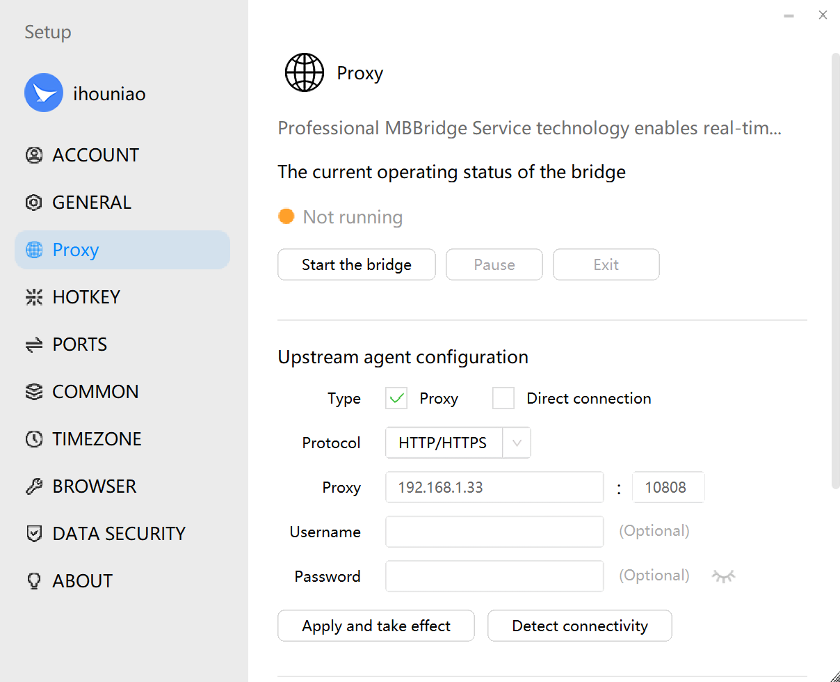 MBBridge Upstream Proxy Settings Interface