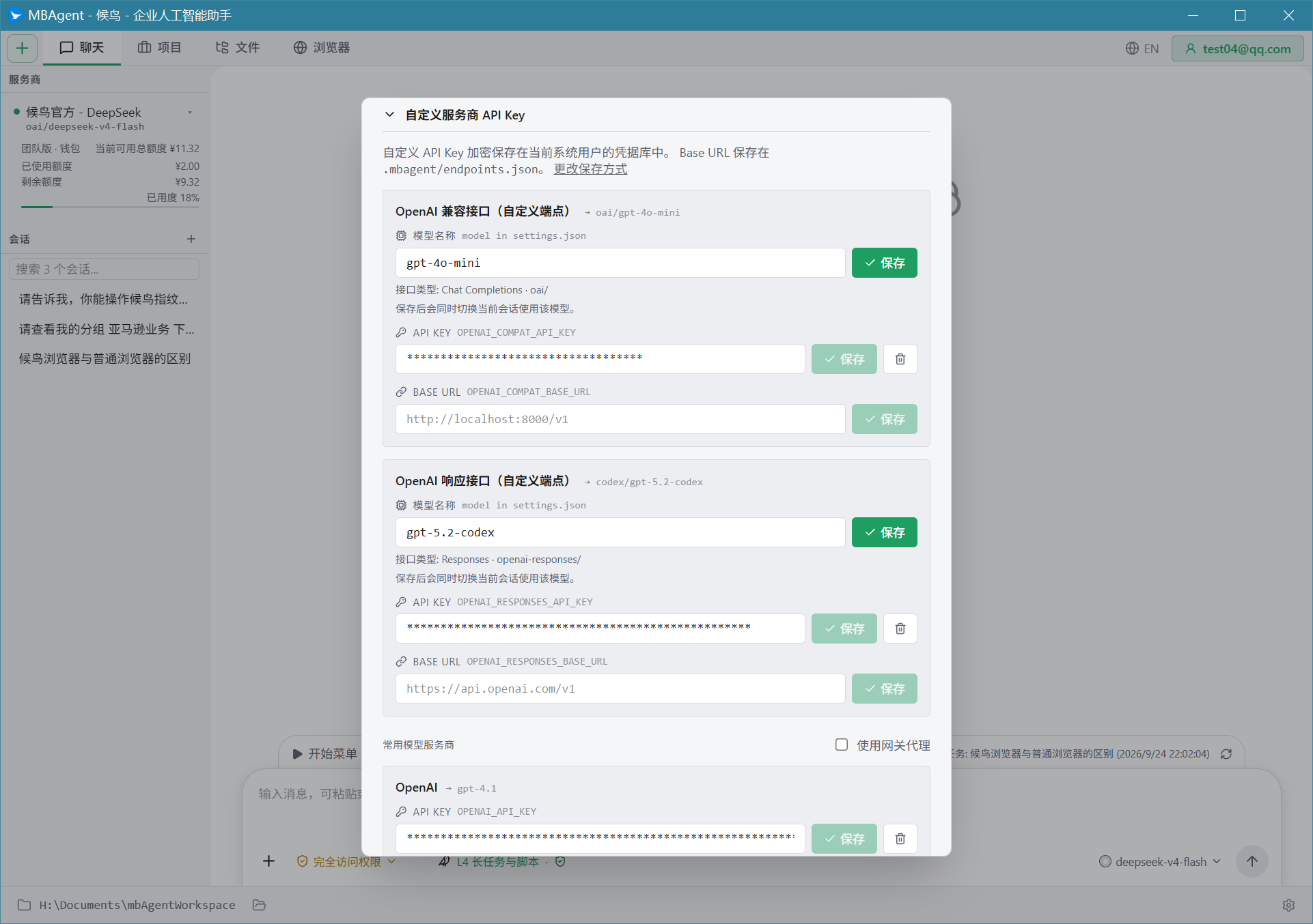 自定义 Provider 的 API Key 填写界面
